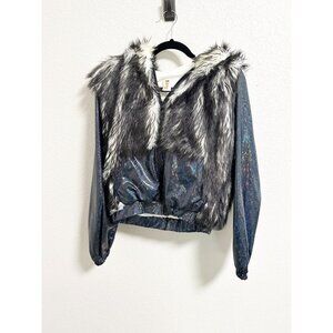 J. Valentine‎ Faux Fur Hooded Jacket Holographic Metallic Crop Zip Up Size S/M